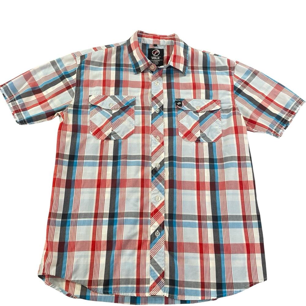 Southpole Button Up Short Sleeve Shirt Men's L Colorful Plaid Lightweight Y2K